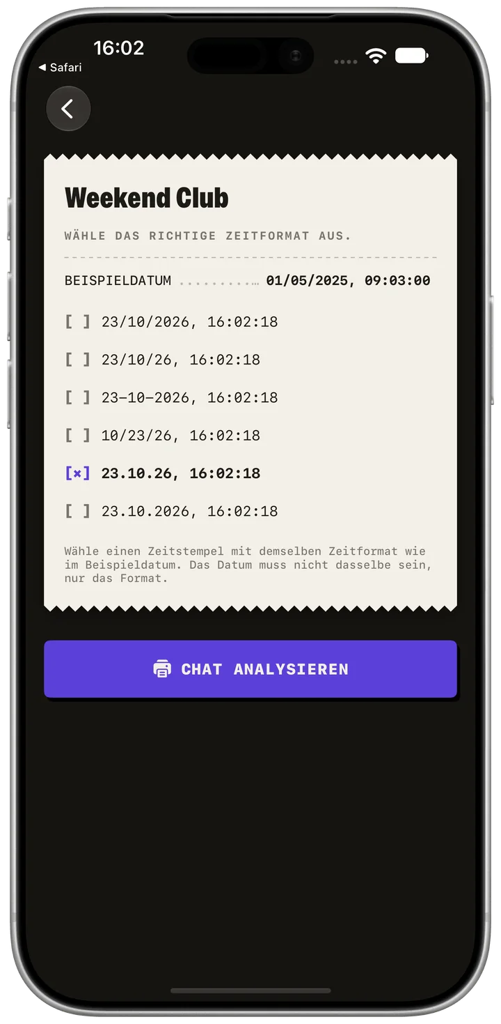 WhatsApp-Chat importieren. App-Aufnahme auf Deutsch; einzelne Bedienelemente bleiben auf Englisch. Fiktive Beispieldaten. Originaldarstellung der App.