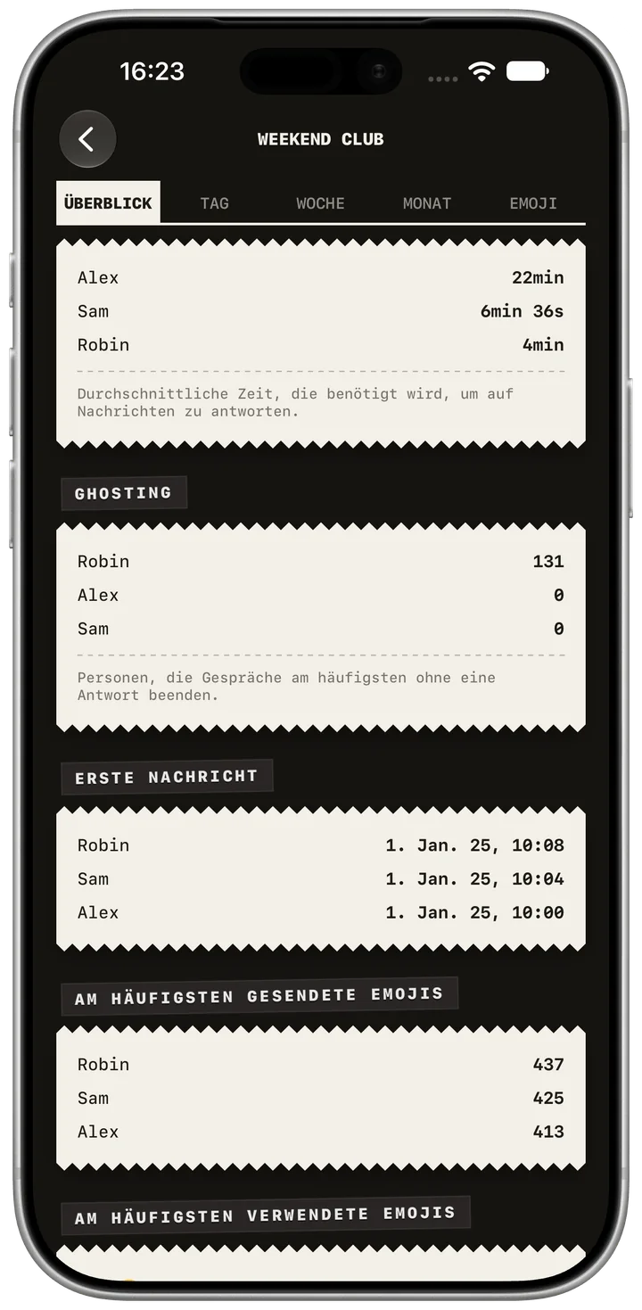 Erste Nachrichten. App-Aufnahme auf Deutsch; einzelne Bedienelemente bleiben auf Englisch. Fiktive Beispieldaten. Originaldarstellung der App.