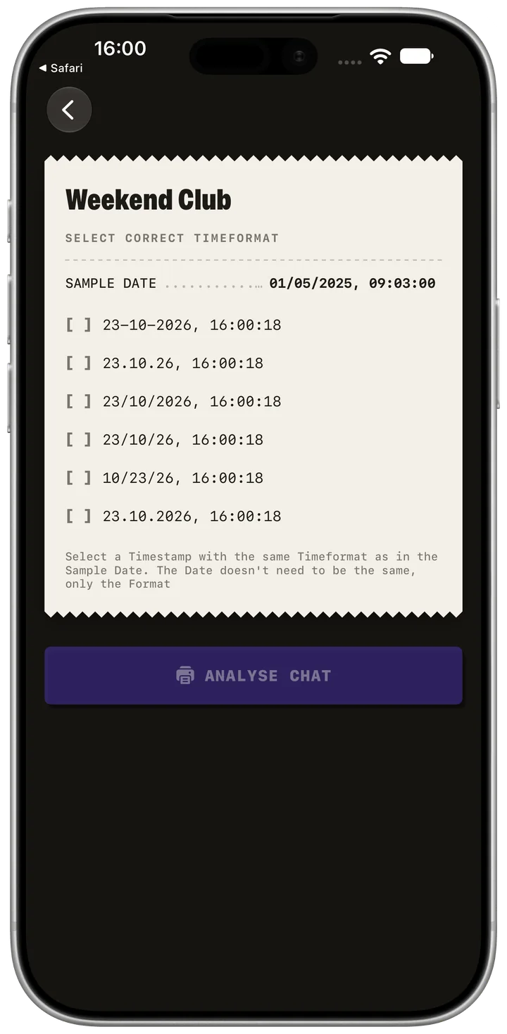 WhatsApp chat import. App screenshot in English. Fictional example data. Native app appearance.