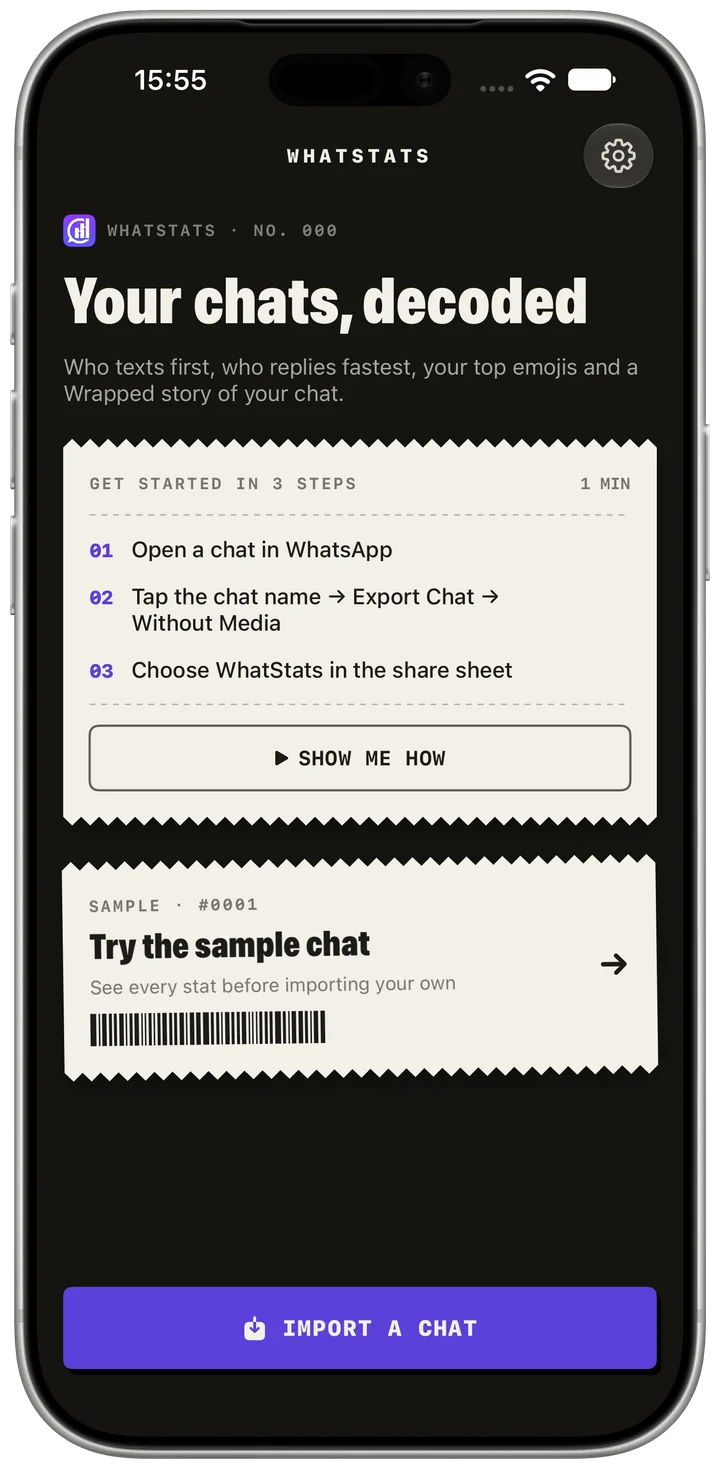 Try the sample chat. App screenshot in English. Fictional example data. Native app appearance.