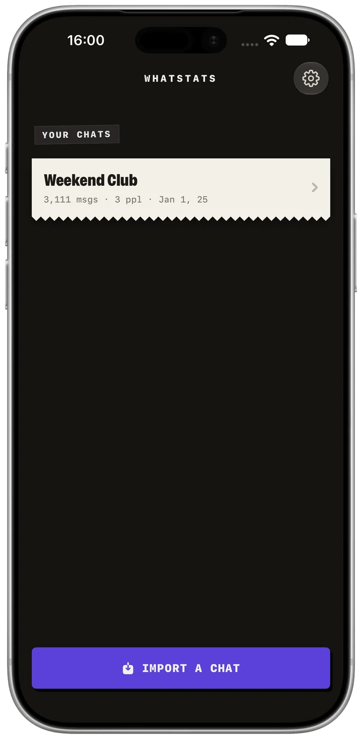 Saved chat analyses. App screenshot in English. Fictional example data. Native app appearance.