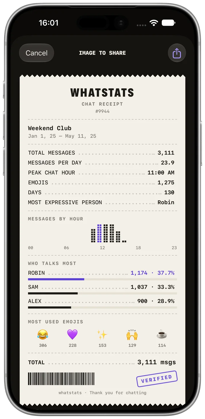 Share a chat receipt. App screenshot in English. Fictional example data. Native app appearance.